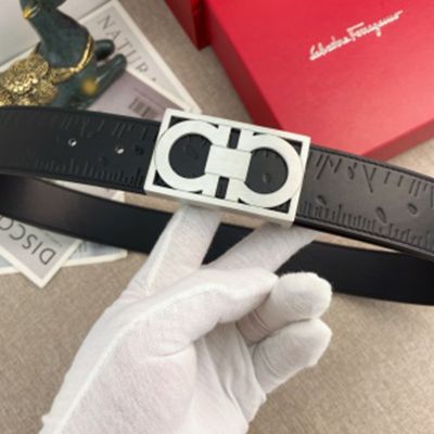 1:1 Ferragamo  Black Leather Belt  with Silver Logo buckle Square Buckle  3.8cm